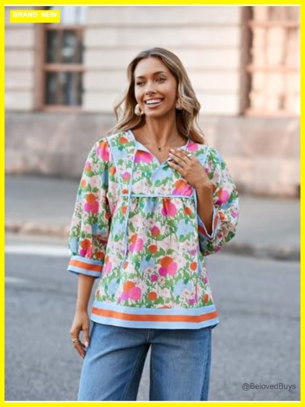 Floral Print Babydoll Blouse V Neck 3/4 Sleeve Peplum Top Casual Loose Fit Boho - Picture 2 of 7